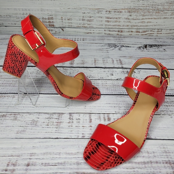 Calvin Klein Cimi Red Patent Open Toe Block Heel Sandals | 8 - Picture 3 of 11